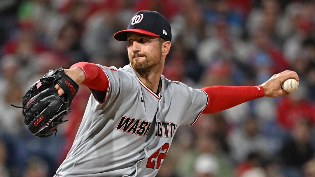 Mar 30, 2026; Philadelphia, Pennsylvania, USA; Washington Nationals pitcher Foster Griffin (22) throws a pitch against the Philadelphia Phillies during the third inning at Citizens Bank Park. Mandatory Credit: Eric Hartline-Imagn Images