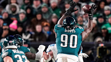 Philadelphia Eagles defensive tackle Jordan Davis bats a pass from quarterback Jared Goff during the first half at Lincoln Financial Field in Philadelphia on Sunday, November 16, 2025.