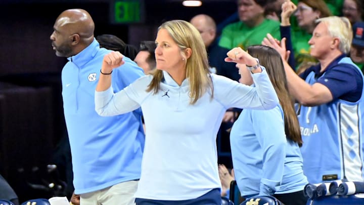 Jan 7, 2024; South Bend, Indiana, USA; North Carolina Tar Heels head coach Courtney Banghart gestures in the second half against the Notre Dame Fighting Irish at the Purcell Pavilion. Mandatory Credit: Matt Cashore-Imagn Images