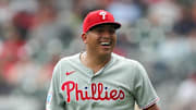 Jun 29, 2025; Cumberland, Georgia, Philadelphia Phillies starting pitcher Ranger Suarez (55) reacts to his strikeout during a game against the Atlanta Braves during the sixth inning at Truist Park. Mandatory Credit: Mady Mertens-Imagn Images