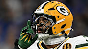 Green Bay Packers defensive end Micah Parsons (1) celebrates after a play against the Detroit Lions at Ford Field.