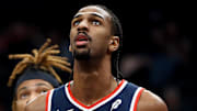 Mar 29, 2025; Washington, District of Columbia, USA; Washington Wizards forward Alex Sarr (20) looks on during the first half against the Brooklyn Nets at Capital One Arena. Mandatory Credit: Daniel Kucin Jr.-Imagn Images
