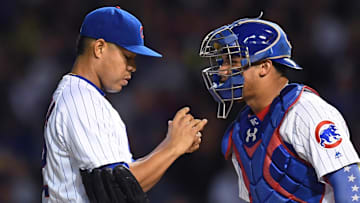 Chicago Cubs starting pitcher Jose Quintana (left) and catcher Willson Contreras