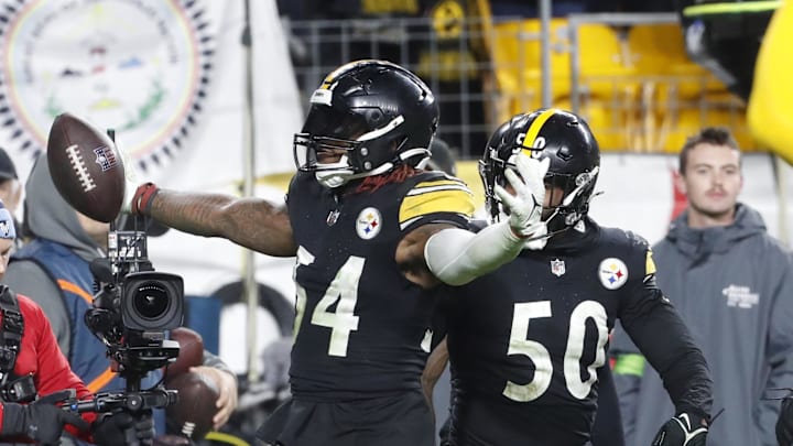 Pittsburgh Steelers linebacker Kwon Alexander (54) reacts after making an interception in the end zone against the Tennessee Titans at Acrisure Stadium in Pittsburgh on Nov. 2, 2023.