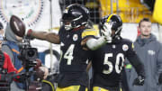 Nov 2, 2023; Pittsburgh, Pennsylvania, USA;  Pittsburgh Steelers linebacker Kwon Alexander (54) reacts after making an interception in the end zone against the Tennessee Titans at Acrisure Stadium. Pittsburgh won 20-16. Mandatory Credit: Charles LeClaire-USA TODAY Sports