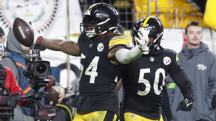 Nov 2, 2023; Pittsburgh, Pennsylvania, USA;  Pittsburgh Steelers linebacker Kwon Alexander (54) reacts after making an interception in the end zone against the Tennessee Titans at Acrisure Stadium. Pittsburgh won 20-16. 