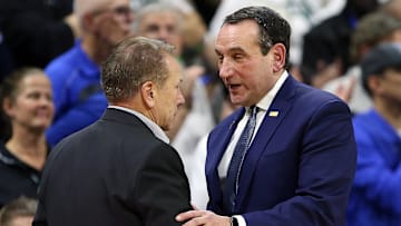 Dec 3, 2019; East Lansing, MI, USA; Michigan State Spartans head coach Tom Izzo and Duke Blue Devils head coach Mike Krzyzewski shake hands at mid court during the second half of a game at Breslin Center. Mandatory Credit: Mike Carter-Imagn Images