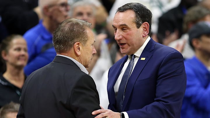 Dec 3, 2019; East Lansing, MI, USA; Michigan State Spartans head coach Tom Izzo and Duke Blue Devils head coach Mike Krzyzewski shake hands at mid court during the second half of a game at Breslin Center. Mandatory Credit: Mike Carter-Imagn Images