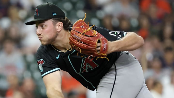 Sep 6, 2024; Houston, Texas, USA; Arizona Diamondbacks starting pitcher Brandon Pfaadt (32) pitches against the Houston Astros in the first inning at Minute Maid Park. Mandatory Credit: Thomas Shea-Imagn Images