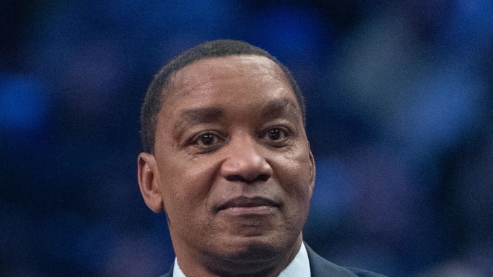 February 19, 2022; Cleveland, OH, USA; NBA great Isiah Thomas during the Slam Dunk Contest during the 2022 NBA All-Star Saturday Night at Rocket Mortgage Field House. Mandatory Credit: Kyle Terada-USA TODAY Sports