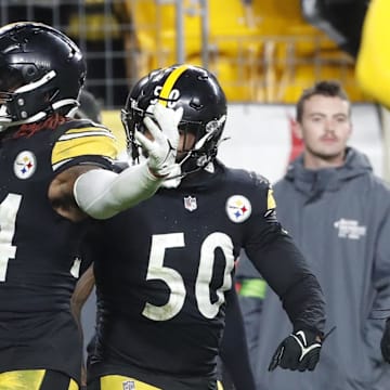 Nov 2, 2023; Pittsburgh, Pennsylvania, USA;  Pittsburgh Steelers linebacker Kwon Alexander (54) reacts after making an interception in the end zone against the Tennessee Titans at Acrisure Stadium. Pittsburgh won 20-16. Mandatory Credit: Charles LeClaire-Imagn Images