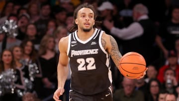 Mar 15, 2024; New York City, NY, USA; Providence Friars guard Devin Carter (22) brings the ball up court against the Marquette Golden Eagles during the first half at Madison Square Garden. Mandatory Credit: Brad Penner-USA TODAY Sports
