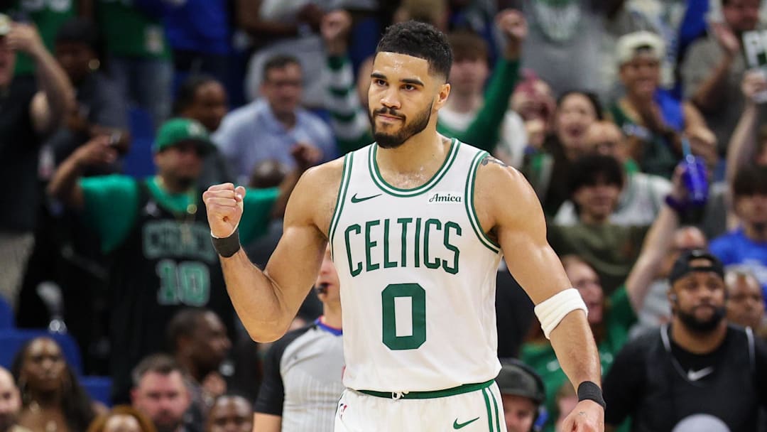 Apr 27, 2025; Orlando, Florida, USA; Boston Celtics forward Jayson Tatum (0) reacts after beating the Orlando Magic in game four of first round for the 2025 NBA Playoffs at Kia Center. Mandatory Credit: Nathan Ray Seebeck-Imagn Images
