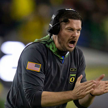 Oregon head coach Dan Lanning yells to his team as the No. 6 Oregon Ducks host the No. 24 Washington Huskies Saturday, Nov. 12, 2022, at Autzen Stadium in Eugene, Ore.

Ncaa Football Oregon Washington Football Washington At Oregon