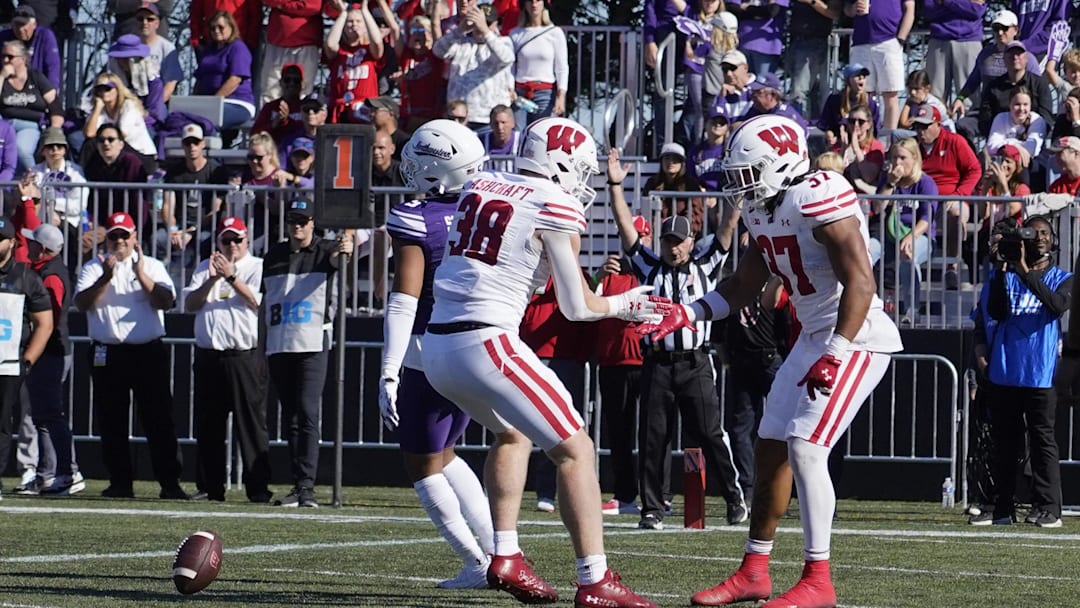 Wisconsin tight end Tucker Ashcraft (38) celebrates a touchdown pass against Northwestern during the second half at Lanny and Sharon Martin Stadium in Evanston, Ill., on Oct. 19, 2024.
