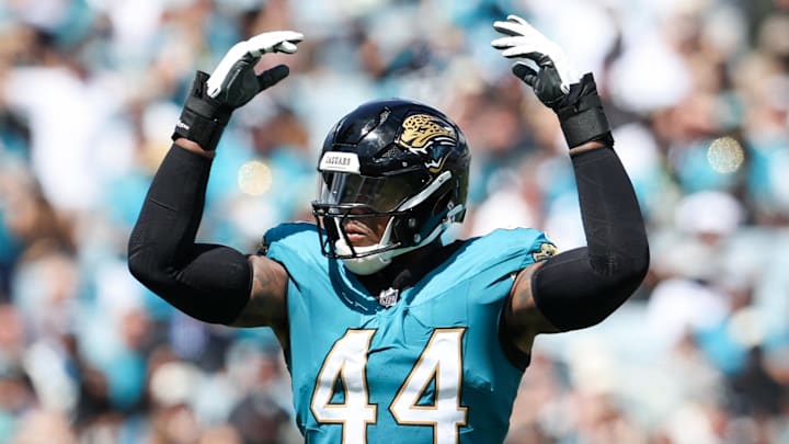 Sep 21, 2025; Jacksonville, Florida, USA; Jacksonville Jaguars defensive end Travon Walker (44) hypes up the crowd during a third down against the Houston Texans at EverBank Stadium. 