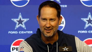 Dallas Cowboys head coach Brian Schottenheimer addresses the media before practice at the Ford Center at the Star Training Facility in Frisco, Texas.