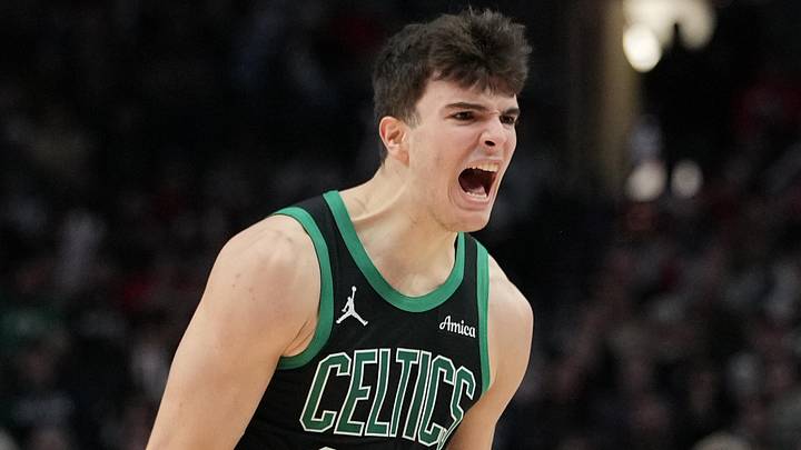 Dec 28, 2025; Portland, Oregon, USA; Boston Celtics guard Hugo Gonzalez (28) celebrates after making a three-point basket during the second half against the Portland Trail Blazers at Moda Center. Mandatory Credit: Soobum Im-Imagn Images