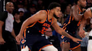 Nov 8, 2024; New York, New York, USA; Milwaukee Bucks forward Giannis Antetokounmpo (34) controls the ball against New York Knicks forward OG Anunoby (8) and center Karl-Anthony Towns (32) during the third quarter at Madison Square Garden. Mandatory Credit: Brad Penner-Imagn Images