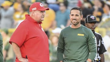 Aug 29, 2019; Green Bay, WI, USA;  Kansas City Chiefs head coach Andy Reid and Green Bay Packers head coach Matt LaFleur talk before preseason game at Lambeau Field. Mandatory Credit: Benny Sieu-USA TODAY Sports
