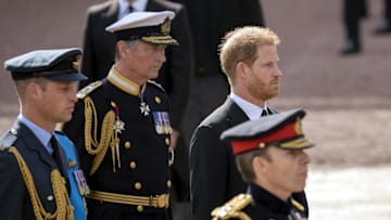 Sep 14, 2022; London, GBR; Prince Harry, Duke of Sussex, and William, Prince of Wales, (left) walk as the coffin of Queen Elizabeth II leaves Buckingham Palace on a Gun Carriage, followed by King Charles III and other members of the Royal Family, en route to Westminster Hall. Queen Elizabeth II, Britain's longest-reigning monarch, died after 70 years on the throne.. Mandatory Credit: Jasper Colt-USA TODAY