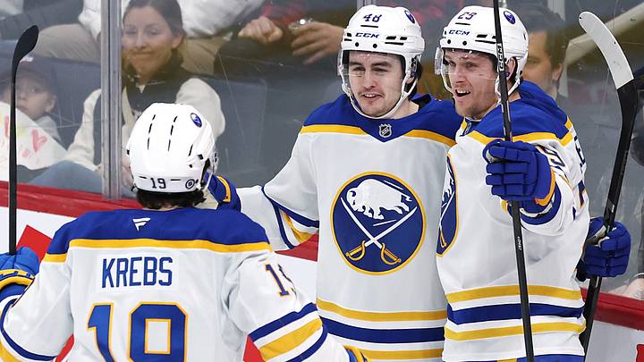 Buffalo Sabres players Peyton Krebs, Tyson Kozak and Beck Malenstyn