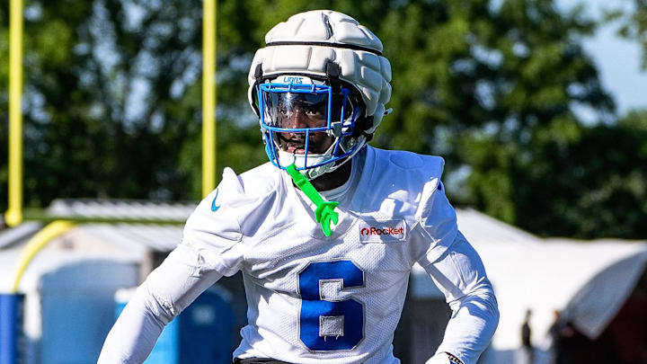 Detroit Lions cornerback Terrion Arnold (6) practices during training camp at Meijer Performance Center in Allen Park on Tuesday, July 22, 2025.