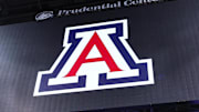 Mar 26, 2025; Newark, NJ, USA; An Arizona Wildcats logo on the main scoreboard during a practice session in preparation for an East Regional semifinal game against the Duke Blue Devils at Prudential Center. Mandatory Credit: Vincent Carchietta-Imagn Images