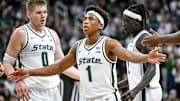Michigan State's Jeremy Fears Jr. prepares to shoot a free throw against Iowa during the first half on Tuesday, Dec. 2, 2025, at the Breslin Center in East Lansing.