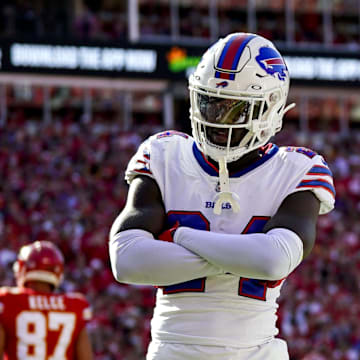 Oct 16, 2022; Kansas City, Missouri, USA; Buffalo Bills cornerback Kaiir Elam (24) celebrates with linebacker Matt Milano (58) and cornerback Dane Jackson (30) after an interception against the Kansas City Chiefs during the first half at GEHA Field at Arrowhead Stadium. Mandatory Credit: Jay Biggerstaff-Imagn Images