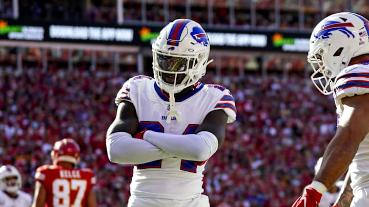 Oct 16, 2022; Kansas City, Missouri, USA; Buffalo Bills cornerback Kaiir Elam (24) celebrates with linebacker Matt Milano (58) and cornerback Dane Jackson (30) after an interception against the Kansas City Chiefs during the first half at GEHA Field at Arrowhead Stadium. Mandatory Credit: Jay Biggerstaff-Imagn Images