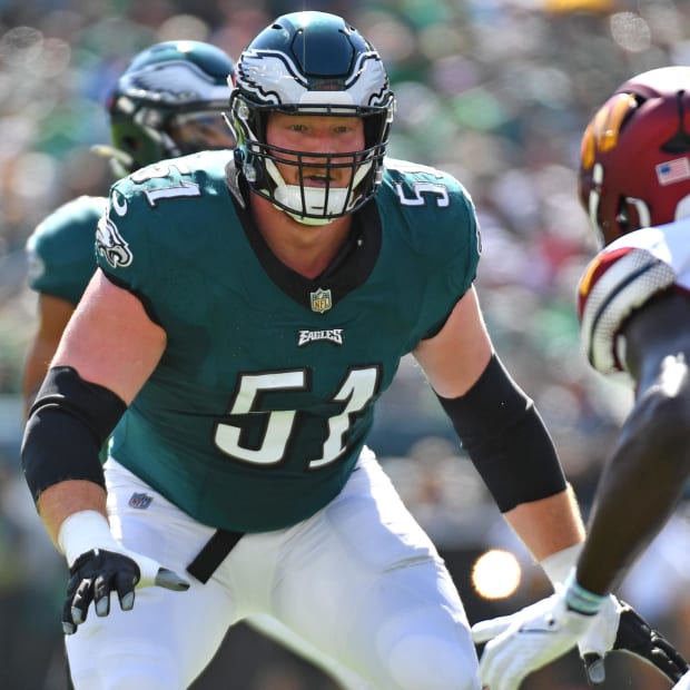 Philadelphia Eagles center Cam Jurgens (51) blocks against the Washington Commanders at Lincoln Financial Field. 