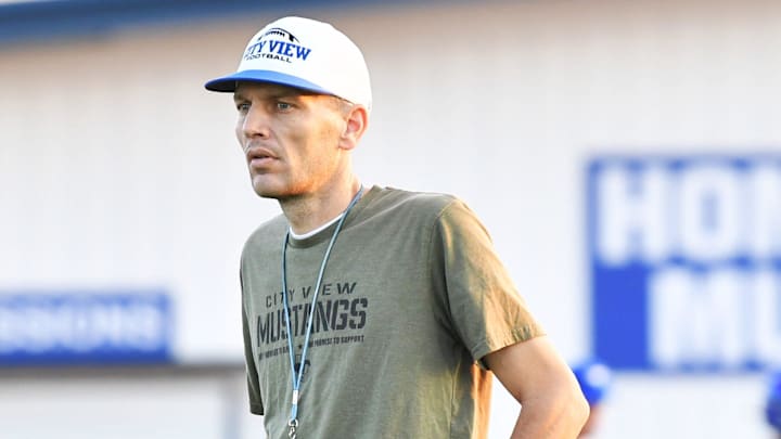 City View Head Football Coach Heath Aldrich looks on during day one of two-a-days on Monday, August 5, 2024.