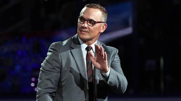 Feb 10, 2018; Tampa, FL, USA; Tampa Bay Lightning general manager Steve Yzerman waves as Former Tampa Bay Lightning center Vincent Lecavalier (4) (not pictured) is honored before the game as he number is retired at Amalie Arena. Mandatory Credit: Kim Klement-Imagn Images