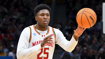 Mar 23, 2025; Seattle, WA, USA; Maryland Terrapins center Derik Queen (25) passes the ball against the Colorado State Rams in the first half at Climate Pledge Arena. Mandatory Credit: Steven Bisig-Imagn Images