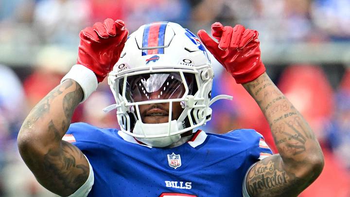 Oct 4, 2026; Orchard Park, New York, USA;  Buffalo Bills wide receiver Keon Coleman (0) celebrates after making a catch during the fourth quarter against the New England Patriots at New Highmark Stadium.  Mandatory Credit: Mark Konezny-Imagn Images