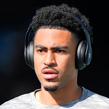 Carolina Panthers quarterback Bryce Young warms up before the game against the New Orleans Saints.