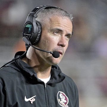 Oct 5, 2024; Tallahassee, Florida, USA; Florida State Seminoles head coach Mike Norvell looks on during the second half against the Clemson Tigers at Doak S. Campbell Stadium. Mandatory Credit: Melina Myers-Imagn Images