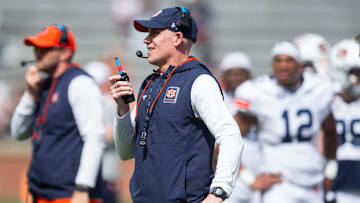 Auburn Tigers defensive coordinator DJ Durkin looks on during the A-Day spring game at Jordan-Hare Stadium in Auburn, Ala., on Saturday, April 6, 2024.