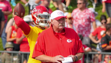 Jul 22, 2024; St. Joseph, MO, USA; Kansas City Chiefs head coach Andy Reid looks on during training camp at Missouri Western State University. Mandatory Credit: Denny Medley-USA TODAY Sports