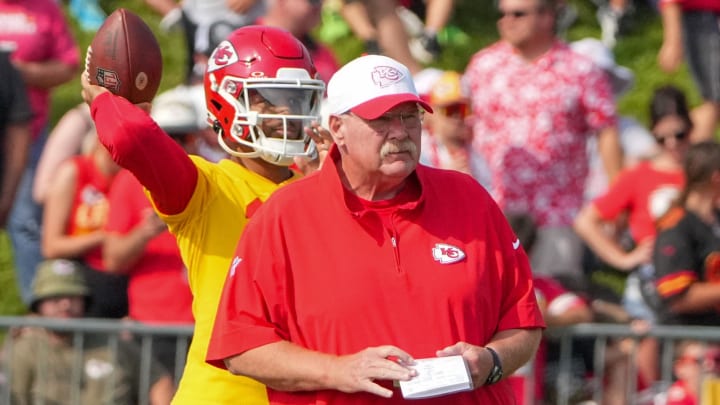 Jul 22, 2024; St. Joseph, MO, USA; Kansas City Chiefs head coach Andy Reid looks on during training camp at Missouri Western State University. Mandatory Credit: Denny Medley-USA TODAY Sports