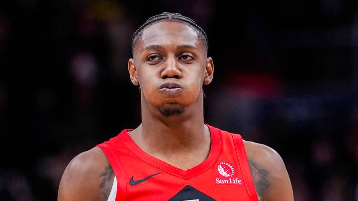 Dec 31, 2025; Toronto, Ontario, CAN; Toronto Raptors forward/guard RJ Barrett (9) reacts after missing a shot against the Denver Nuggets at Scotiabank Arena. Mandatory Credit: Kevin Sousa-Imagn Images