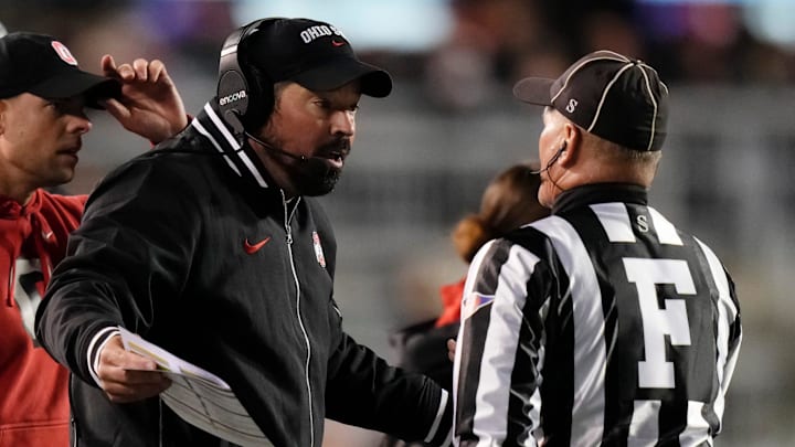 Oct 28, 2023; Madison, Wisconsin, USA; Ohio State Buckeyes head coach Ryan Day argues with officials during the NCAA football game against the Wisconsin Badgers at Camp Randall Stadium. Ohio State won 24-10.