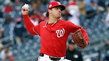 Apr 6, 2025; Washington, District of Columbia, USA; Washington Nationals pitcher Lucas Sims (39) makes a throw during the sixth inning against the Arizona Diamondbacks at Nationals Park