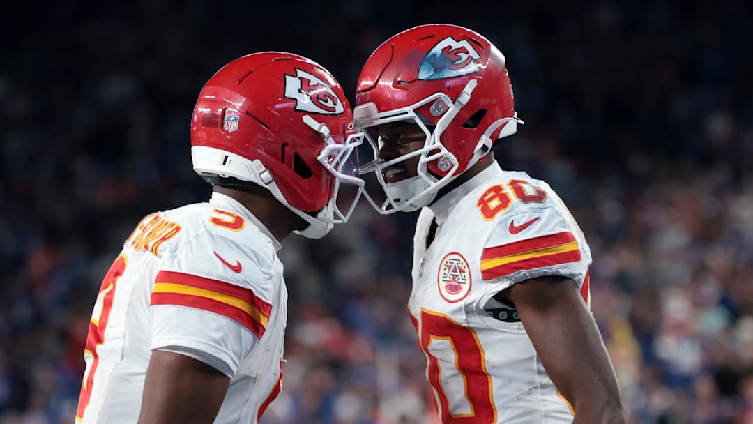 Sep 21, 2025; East Rutherford, New Jersey, USA; Kansas City Chiefs wide receiver Tyquan Thornton (80) and wide receiver Juju Smith-Schuster (9) celebrate after a reception against the New York Giants in the fourth quarter at MetLife Stadium. Mandatory Credit: Vincent Carchietta-Imagn Images