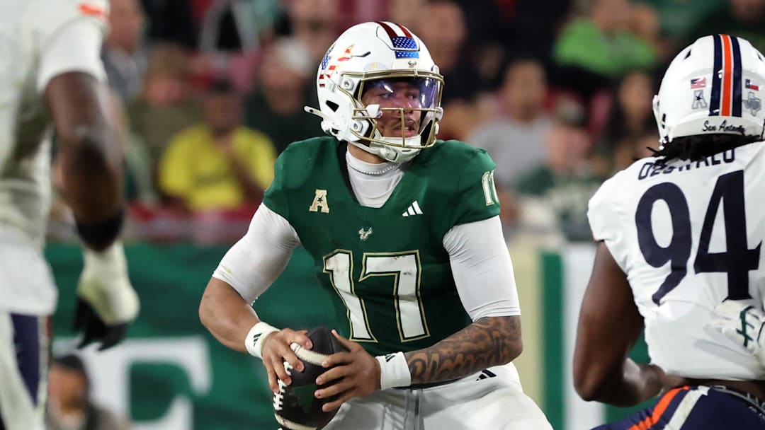 Nov 6, 2025; Tampa, Florida, USA; South Florida Bulls quarterback Byrum Brown (17) throws the ball against the UTSA Roadrunners during the second half at Raymond James Stadium. Mandatory Credit: Kim Klement Neitzel-Imagn Images