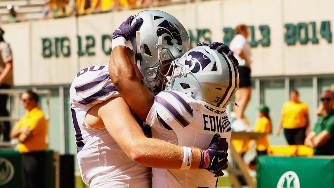 Kansas State running back Dylan Edwards celebrates with offensive lineman Will Anciaux after scoring a touchdown against Baylor. 
