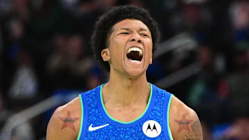 Milwaukee Bucks guard MarJon Beauchamp reacts after scoring a basket in the fourth quarter against the New York Knicks at Fiserv Forum on November 3, 2023.