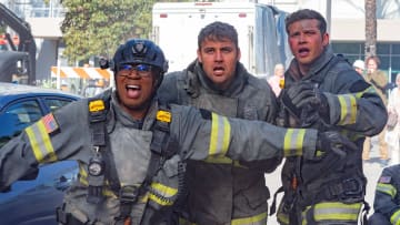 9-1-1: L-R: Aisha Hinds, Ryan Guzman and Oliver Stark in the “Pay it Forward” season finale episode of 9-1-1 airing Monday, May 15 (8:00-9:01 PM ET/PT) on FOX. © 2022 FOX MEDIA LLC. CR: Jack Zeman/ FOX.