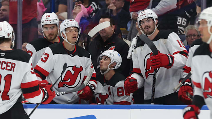 New Jersey Devils left wing Jesper Bratt (63) is congratulated  after he scored a goal. Mandatory Credit: Kim Klement Neitzel-Imagn Images